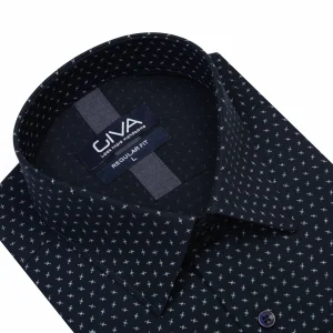 پیراهن مردانه نخی چاپی 4426 - سرمه ای, XL, پاچه نخی, قاپک افسری, یقه کراواتی