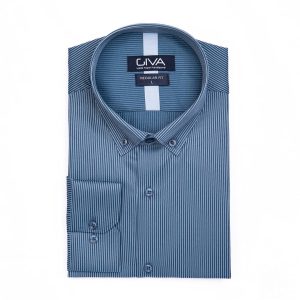 پیراهن راه راه مردانه 4121 - 2XL, آبی, پنبه 100%, قاپک افسری, آستین بلند, یقه دکمه دار