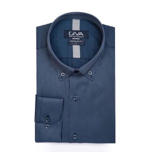 پیراهن راه راه مردانه 4121 - XL, طوسی سرمه ای, پنبه 100%, قاپک افسری, آستین بلند, یقه دکمه دار