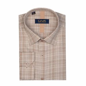 پیراهن چهارخانه مردانه 8437 - 2XL, کرمی, پاچه نخی, قاپک افسری, آستین بلند, یقه کراواتی