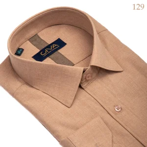 پیراهن لیما ساده یقه کرواتی - کرم پنکیکی 129, 2XL, پارچه دونخ ملانژ, آستین بلند, قاپک افسری, یقه کراواتی