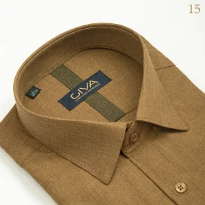 پیراهن لیما ساده یقه کرواتی - خردلی 15, XL, پارچه دونخ ملانژ, آستین بلند, قاپک افسری, یقه کراواتی