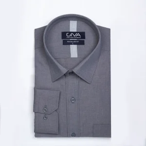 پیراهن لیما ملانژ جیب دار - طوسی روشن, 2XL, پارچه دونخ ملانژ, قاپک افسری, آستین بلند, یقه کراواتی