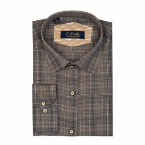 پیراهن چهارخانه مردانه 8437 - XL, قهوه ای خاکی, پاچه نخی, قاپک افسری, آستین بلند, یقه کراواتی
