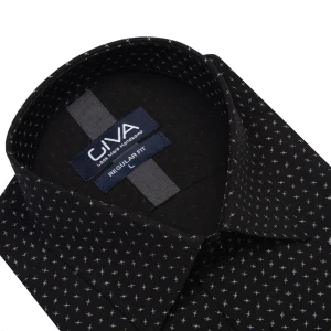 پیراهن مردانه نخی چاپی 4426 - black, L, پاچه نخی, قاپک افسری, یقه کراواتی
