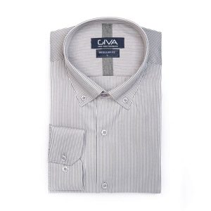 پیراهن راه راه مردانه 4121 - M, طوسی, پنبه 100%, قاپک افسری, آستین بلند, یقه دکمه دار