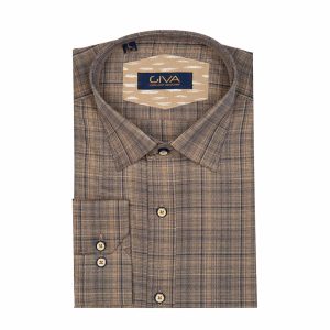 پیراهن چهارخانه مردانه 8437 - 2XL, قهوه ای, پاچه نخی, قاپک افسری, آستین بلند, یقه کراواتی