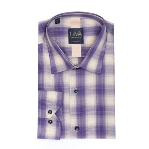پیراهن چهارخانه مردانه 4193 - L, بنفش, پاچه نخی, قاپک افسری, یقه کراواتی