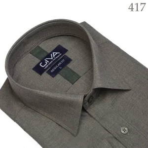 پیراهن لیما ساده یقه کرواتی - خاکی 417, XL, پارچه دونخ ملانژ, آستین بلند, قاپک افسری, یقه کراواتی