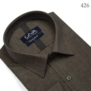 پیراهن لیما ساده یقه کرواتی - خاکی 426, 2XL, پارچه دونخ ملانژ, آستین بلند, قاپک افسری, یقه کراواتی
