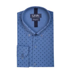 پیراهن مردانه طرح دار 4185 - 2XL, آبی, پنبه 100%, قاپک افسری, آستین بلند, یقه دکمه دار