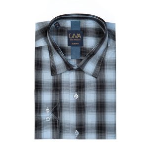 پیراهن چهارخانه مردانه 4193 - 2XL, آبی, پاچه نخی, قاپک افسری, یقه کراواتی