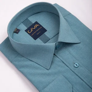 پیراهن ملانژ ساده 3275 - XL, آبی فیروزه ای, پارچه دونخ ملانژ, یقه ساده, قاپک افسری, آستین بلند