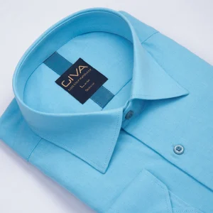 پیراهن ملانژ ساده 3275 - 2XL, آبی, پارچه دونخ ملانژ, یقه ساده, قاپک افسری, آستین بلند