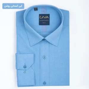 پیراهن ملانژ ساده 3275 - 2XL, آبی آسمانی روشن, پارچه دونخ ملانژ, یقه ساده, قاپک افسری, آستین بلند
