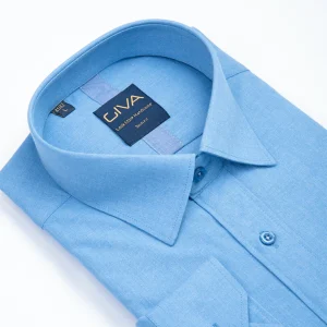 پیراهن ملانژ ساده 3275 - XL, آبی آسمانی روشن, پارچه دونخ ملانژ, یقه ساده, قاپک افسری, آستین بلند