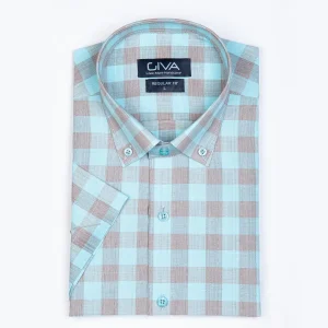 پیراهن آستین کوتاه چهارخانه نخی یقه دکمه دار - 2XL, فیروزه ای, پاچه نخی, آستین کوتاه, یقه دکمه دار
