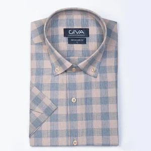 پیراهن آستین کوتاه چهارخانه نخی یقه دکمه دار - 2XL, کرمی, پاچه نخی, آستین کوتاه, یقه دکمه دار