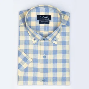 پیراهن آستین کوتاه چهارخانه نخی یقه دکمه دار - 2XL, لیمویی, پاچه نخی, آستین کوتاه, یقه دکمه دار