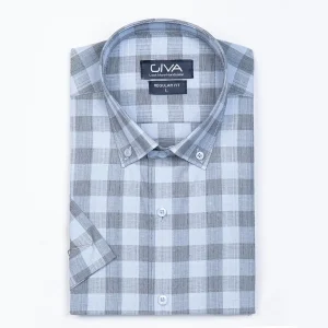 پیراهن آستین کوتاه چهارخانه نخی یقه دکمه دار - 2XL, طوسی, پاچه نخی, آستین کوتاه, یقه دکمه دار