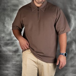 تیشرت جودون نیم زیپ - 2XL, شکلاتی, جودون پنبه, نیم زیپ, آستین سه ربع, یقه کراواتی
