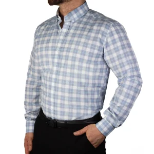 پیراهن مردانه ی چهارخانه 422 - 2XL, آبی لیمویی, قاپک افسری, پنبه 100%, آستین بلند, یقه دکمه دار