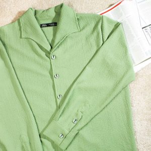 پیراهن کژوال یقه آمریکایی - XL, سبز, پاچه نخی, ساده, آستین بلند, آمریکایی