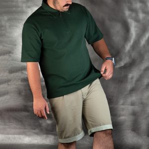 تیشرت جودون نیم زیپ - XL, سبز, جودون پنبه, نیم زیپ, آستین سه ربع, یقه کراواتی