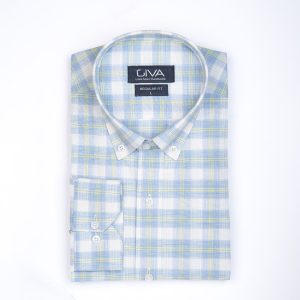 پیراهن مردانه ی چهارخانه 422 - 2XL, آبی لیمویی, قاپک افسری, پنبه 100%, آستین بلند, یقه دکمه دار