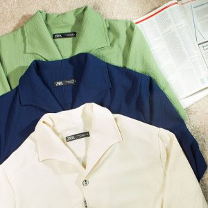 پیراهن کژوال یقه آمریکایی - 2XL, کرمی, پاچه نخی, ساده, آستین بلند, آمریکایی