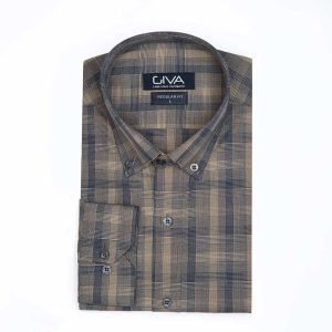 پیراهن چهارخانه ی مردانه 421 - 2XL, کرم طلایی, پنبه 100%, قاپک افسری, آستین بلند, یقه دکمه دار