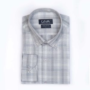 پیراهن چهارخانه ی مردانه 421 - L, طوسی, پنبه 100%, قاپک افسری, آستین بلند, یقه دکمه دار