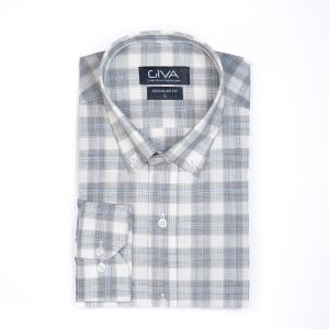 پیراهن مردانه ی چهارخانه 422 - 2XL, آبی طوسی, قاپک افسری, پنبه 100%, آستین بلند, یقه دکمه دار