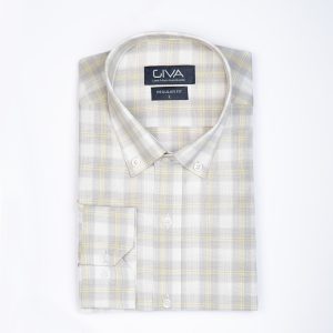 پیراهن مردانه ی چهارخانه 422 - XL, طوسی لیمویی, قاپک افسری, پنبه 100%, آستین بلند, یقه دکمه دار