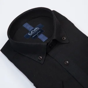 پیراهن آستین کوتاه لینن 3404 - XL, black, پارچه لنین, قاپک افسری, آستین کوتاه, یقه دکمه دار, پایین نیم گرد