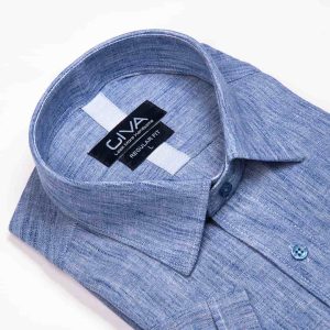پیراهن آستین کوتاه لینن رامی - 2XL, آبی, لینن, قاپک افسری, آستین کوتاه, یقه کراواتی