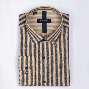 پیراهن چاپی راه راه 1368 - M, شکلاتی, پنبه 100%, قاپک افسری, آستین بلند, یقه دکمه دار
