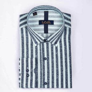 پیراهن چاپی راه راه 1368 - 2XL, آبی فیروزه ای, پنبه 100%, قاپک افسری, آستین بلند, یقه دکمه دار