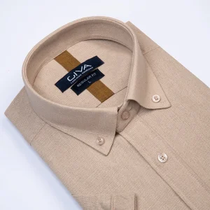پیراهن آستین کوتاه لینن 3404 - XL, نسکافه ای, پارچه لنین, قاپک افسری, آستین کوتاه, یقه دکمه دار, پایین نیم گرد
