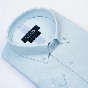 پیراهن آستین کوتاه لینن 3404 - XL, آبی آسمانی, پارچه لنین, قاپک افسری, آستین کوتاه, یقه دکمه دار, پایین نیم گرد