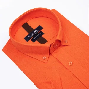 پیراهن آستین کوتاه لینن 3404 - XL, نارنجی, پارچه لنین, قاپک افسری, آستین کوتاه, یقه دکمه دار, پایین نیم گرد