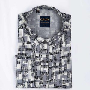 پیراهن چاپی 2103 - طوسی تیره, L, پنبه 100%, قاپک افسری, آستین بلند, یقه دکمه دار