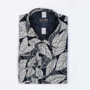 پیراهن چاپی طرح برگ - XL, black, قاپک افسری, پنبه 100%, آستین بلند, یقه کراواتی