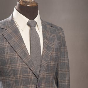 کت تک چهارخانه یقه انگلیسی - 48, طوسی کرم, جودون طرح دار, انگلیسی
