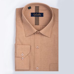 پیراهن لیما ملانژ جیب دار - کرم پنکیکی, 2XL, پارچه دونخ ملانژ, قاپک افسری, آستین بلند, یقه کراواتی