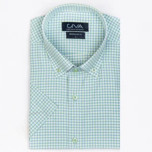 پیراهن آستین کوتاه چهارخانه4383 - XL, سبز, آستین کوتاه, پاچه نخی, قاپک افسری, یقه دکمه دار