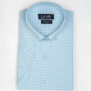 پیراهن آستین کوتاه چهارخانه4383 - XL, آبی, آستین کوتاه, پاچه نخی, قاپک افسری, یقه دکمه دار