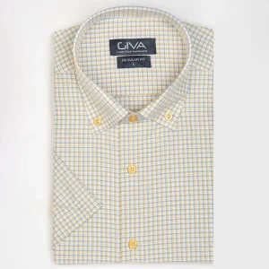 پیراهن آستین کوتاه چهارخانه4383 - XL, لیمویی, آستین کوتاه, پاچه نخی, قاپک افسری, یقه دکمه دار